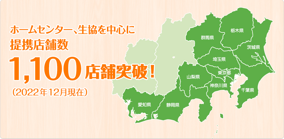 ホームセンター、生協を中心に提携店舗数970店舗突破! (2019年11月現在)